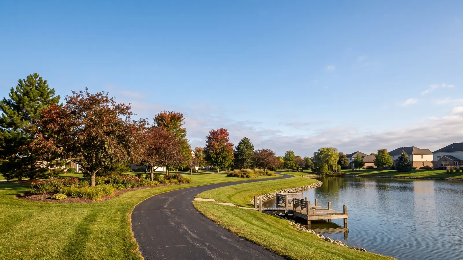 A paved walking path curving beside a still, tree-lined community pond