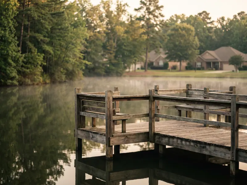 A wooden fishing dock extending into a calm, tree-ringed community pond