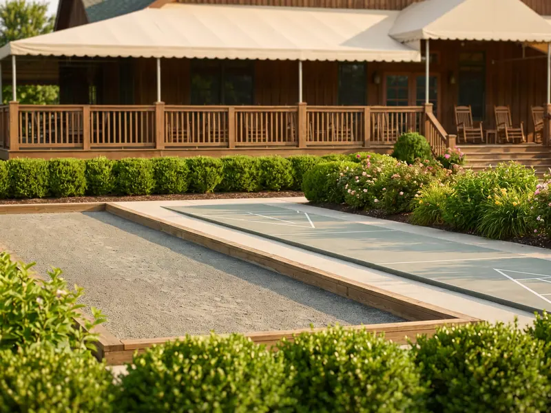 A well-maintained outdoor bocce ball court beside a shuffleboard court at a community clubhouse